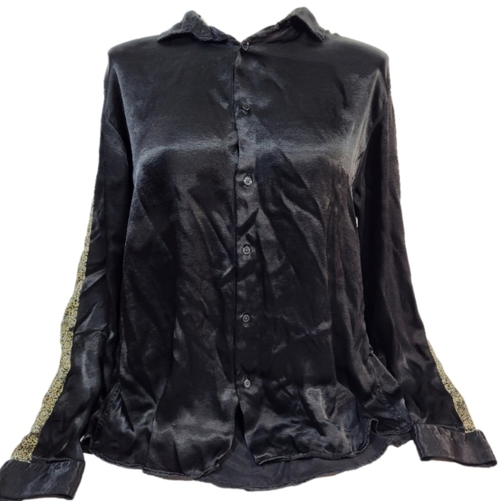 Zara Black Collared Button Up with Animal Print Detial